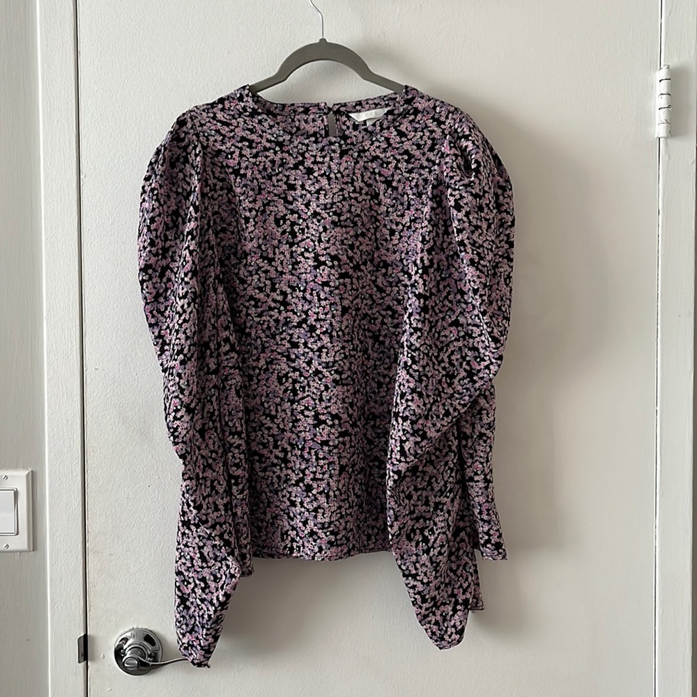 H&M Black with pink floral blouse - long puff sleeves. Size XL